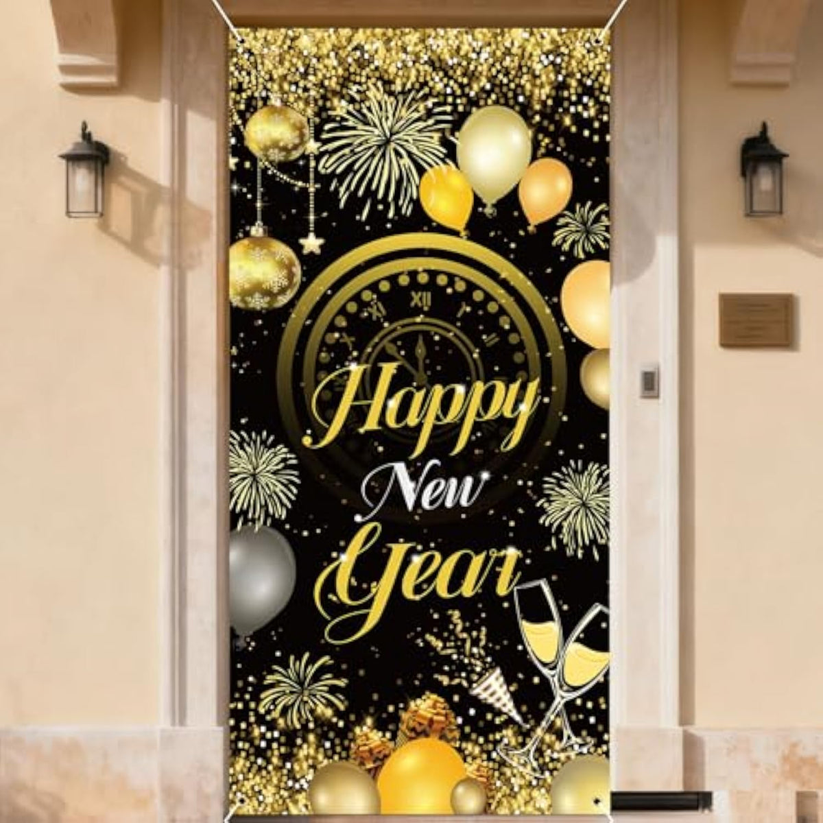 Happy New Year Door Cover 72x35 Inch Black Gold Balloon Firework Banner