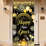 Happy New Year Door Cover 72x35 Inch Black Gold Balloon Firework Banner