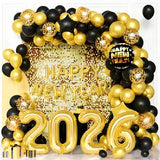 New Year Decorations 2026 with Black Gold Balloons Garland,Happy New Year Foil Balloon Banner, 32 Inch 2026 Number And Star Foil Balloons For 2026 Eve Decorations