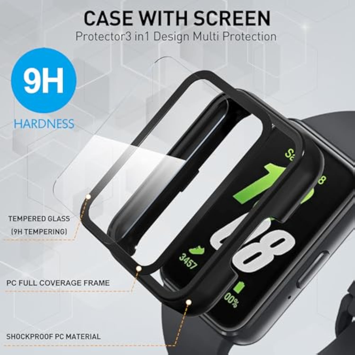 2-Pack For Samsung Galaxy Fit3 Case, Full-Coverage Tempered Glass Screen Protector, Hard Pc Bumper Protective Cover-Black+Black