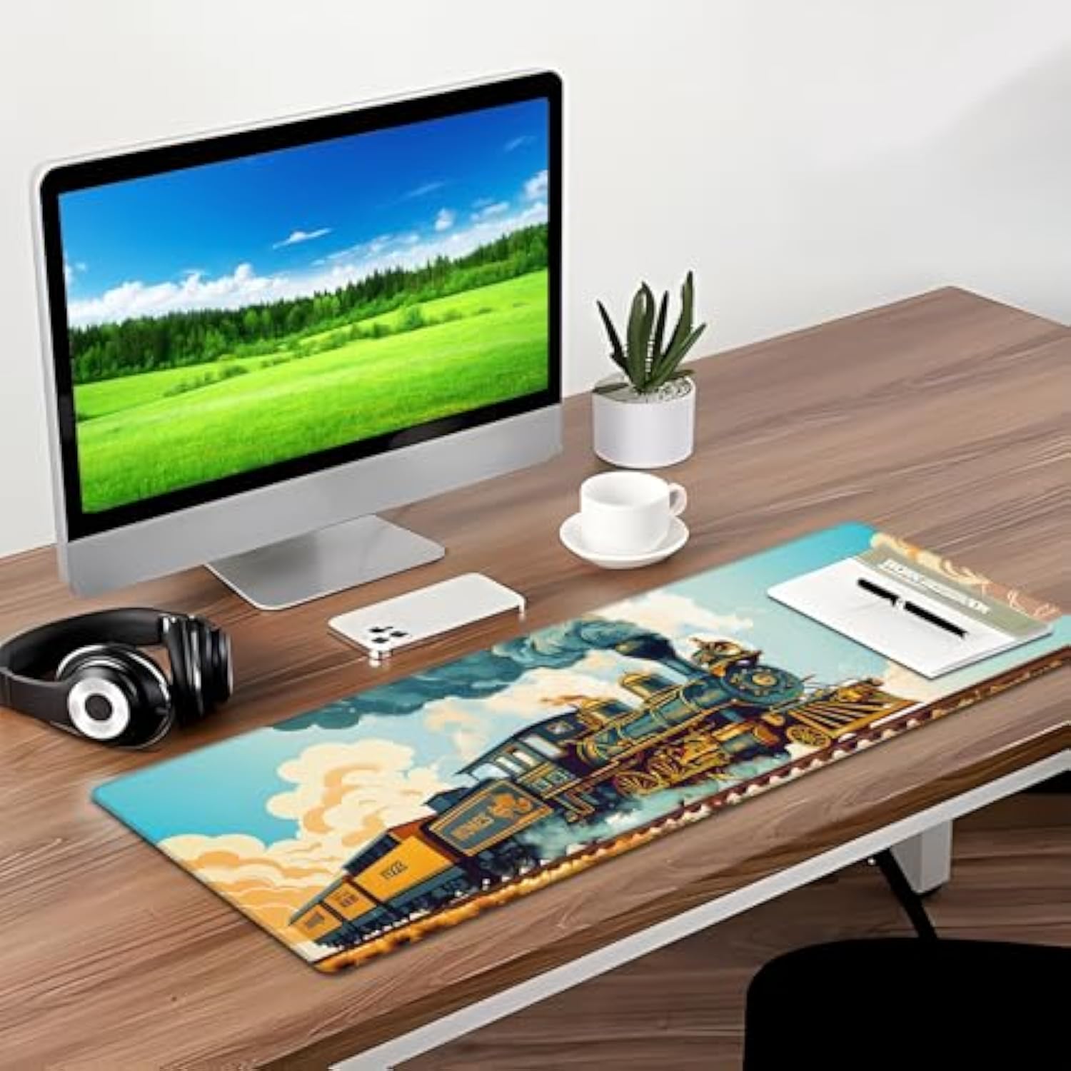 Classic Steam Train Gaming Mouse Pad, Desk Mat, Non-Slip Rubber Base Cool Aesthetic Mousepads For Computer Laptop Keyboard Office School Home Desktop Accessories Decor 31.5" X 11.8"