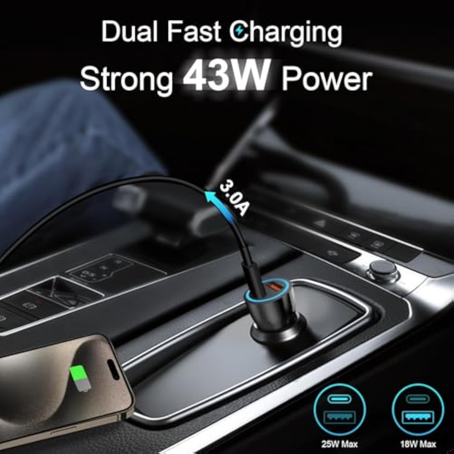 Iphone 16 15 Car Charger, [Apple Mfi Certified] Usb C Car Charger 43W Fast Charging With 3.3 Ft Usb C To Usb C Cable, Pd Usb-C & Qc 3.0 Usb Car Adapter For Iphone 16 15 Pro Max Plus