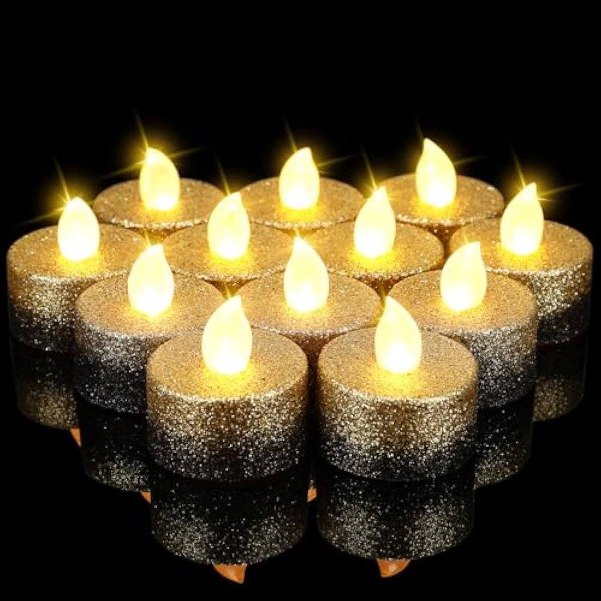 24 Pcs Flameless Led Tea Lights Gold Black Glitter Flickering Fake Led Candles Tealights Battery Operated Romantic Anniversary Decorations Winter Decor For Valentines Wedding Christmas Party