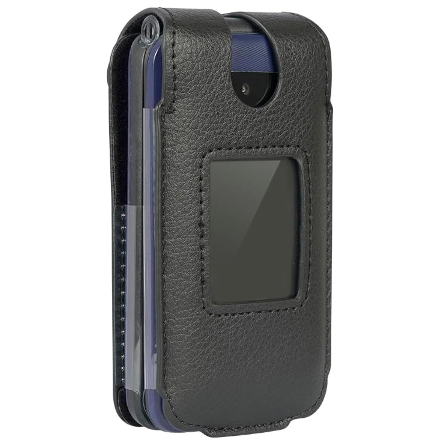 Case for AT&T Cingular Flex 2 / Cricket Debut Flex/Tracfone BLU Flex Flip Phone, Nakedcellphone [Black Vegan Leather] Form-Fit Cover with [Built-in Screen Protection] and [Metal Belt Clip]