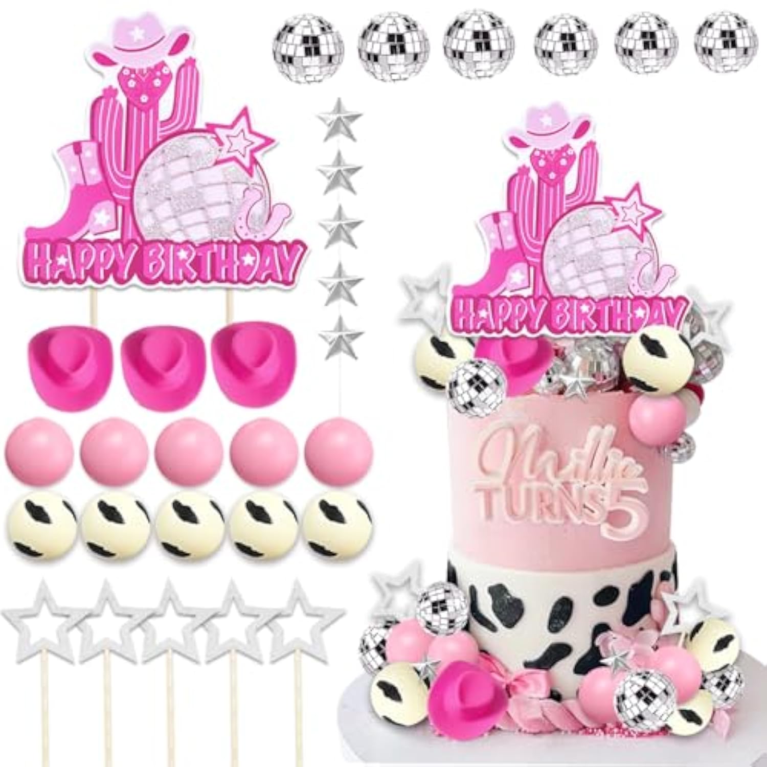 30Pcs Cowgirl Cake Topper Western Cowgirl Hat Boot Happy Birthday Cake Decorations With Silver Stars Disco Balls Pearl Ball For Hot Pink Girl Cowboy Western Theme Birthday Baby Shower Party Supplies