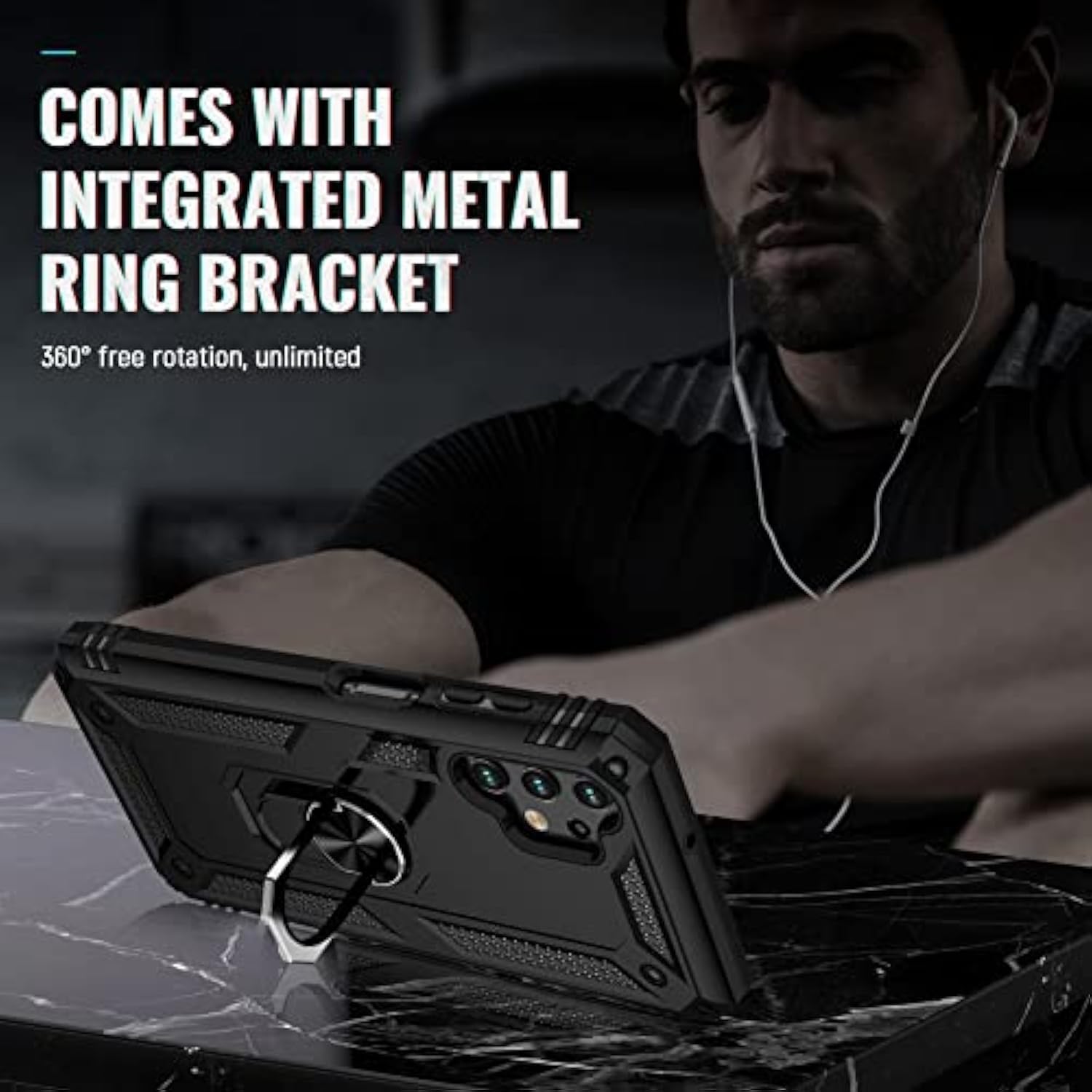 For Galaxy A13 4G Case, Samsung A13 4G Case With Hd Screen Protector, Military-Grade Ring Holder Kickstand Car Mount 15Ft Drop Tested Shockproof Cover Phone Case For Samsung Galaxy A13 4G, Black