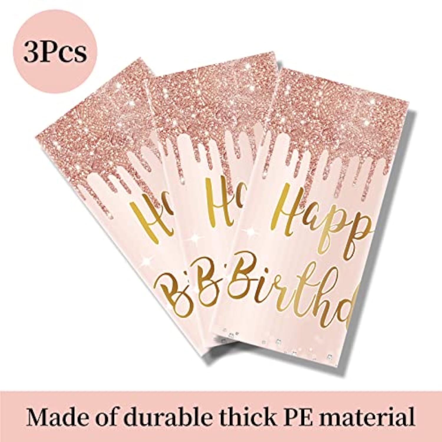 3 Pcs Pink Rose Gold Happy Birthday Tablecloth Decorations For Women, Happy Birthday Table Cover Party Supplies, 16Th 21St 30Th 40Th 50Th Birthday Plastic Disposable Rectangular Table Cloth Decor