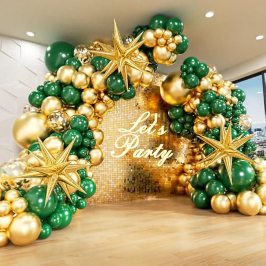 Green And Gold Balloon Arch Kit With 3Pcs Star Balloon, Emerald Forest Dark Green Balloons Metallic Gold Balloons For Birthday Baby Shower Wedding New Years Party Decorations