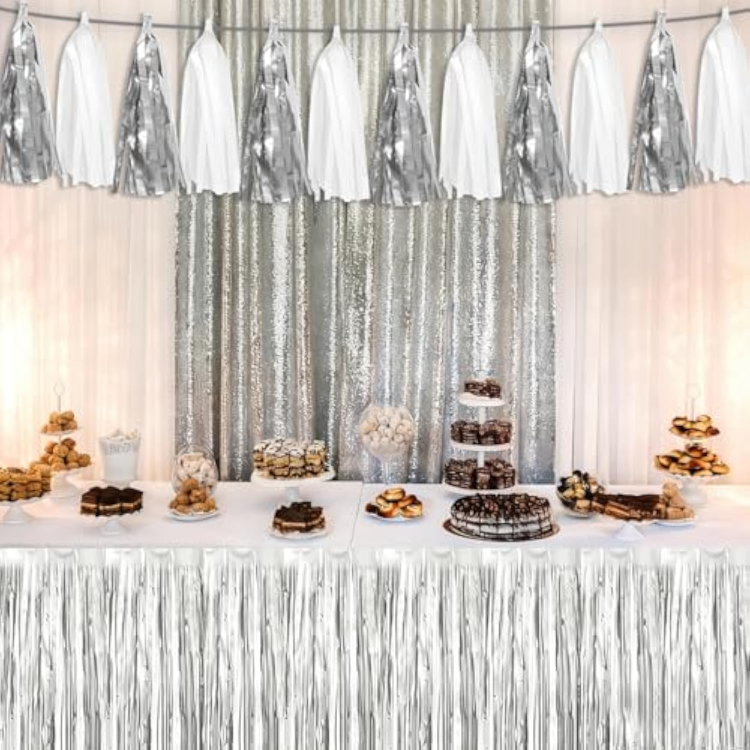 4P White Silver Tassel Banner Garland Metallic Foil Fringe Banner Tinsel Tassels Streamer Banner Backdrop For Parade Floats, Graduation Bridal/Baby Shower Retirement Party Decorations