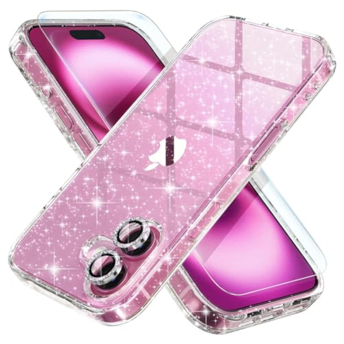 Compatible For 16 Plus Case, Women Cute Clear Glitter Bling Sparkly Case, [2 X Diamond Camera Lens Protectors] [2 X Tempered Glass Screen Protectors] 6.7-Inch (Glitter Clear)