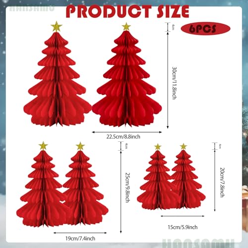 6 Pack Christmas Honeycomb Paper Tree 3D Red Green Xmas Paper Trees Centerpiece Ceiling Hanging Tissue Pine Tree Star for Christmas Holiday Decoration (6, Red)