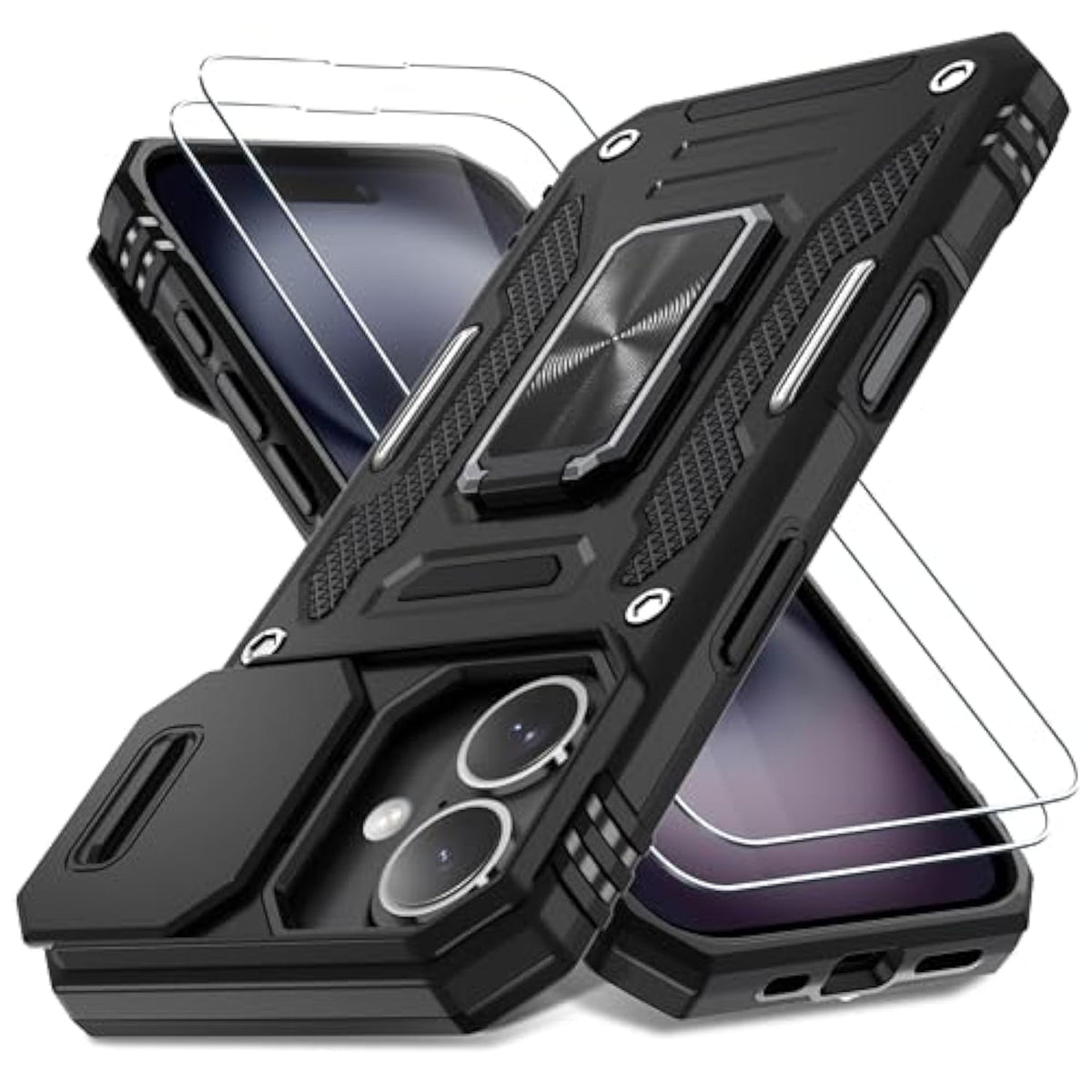 Case For Iphone 16 With Slide Camera Cover+Screen Protector (2 Packs), Rotated Ring Kickstand Military Grade Shockproof Protective Cover-Black