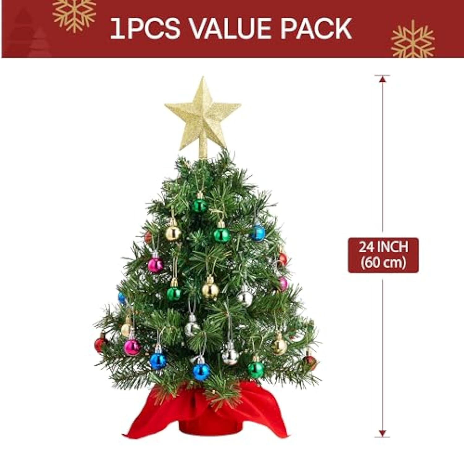 24"/2Ft Mini Christmas Tree Tabletop Set With Clear Led Lights, Artificial Mini Christmas Tree With Star Treetop And Hanging Ornaments, Best Diy Xmas Decorations