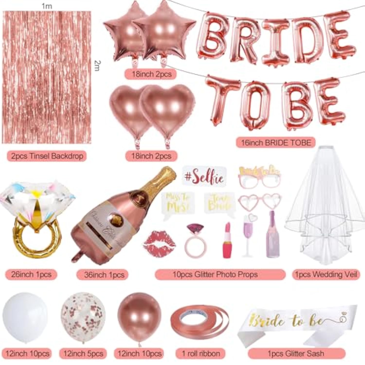 Bachelorette Party Decorations, Rose Gold Bride To Be Decorations With Bride Balloons, Sash, Veil, Tinsel Backdrop For Bridal Shower Decor