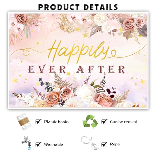 Happily Ever After Backdrop Banner, Mr & Mrs Wedding Party Photography Backdrop Poster Engagement Party Anniversary Bridal Shower Decorations Photo Booth Props 6x4ft