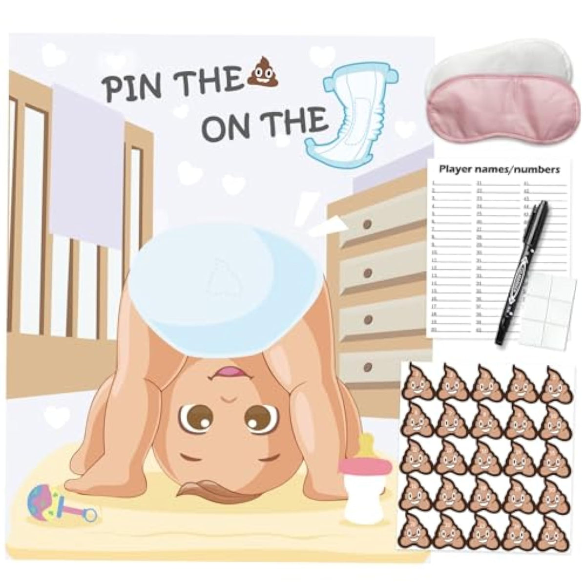 Baby Shower Games, Pin The Sticker On The Diaper, Baby Shower Games Activities Diaper Theme Party Games Supplies Favors For Adults Girl Boy 25 Guests