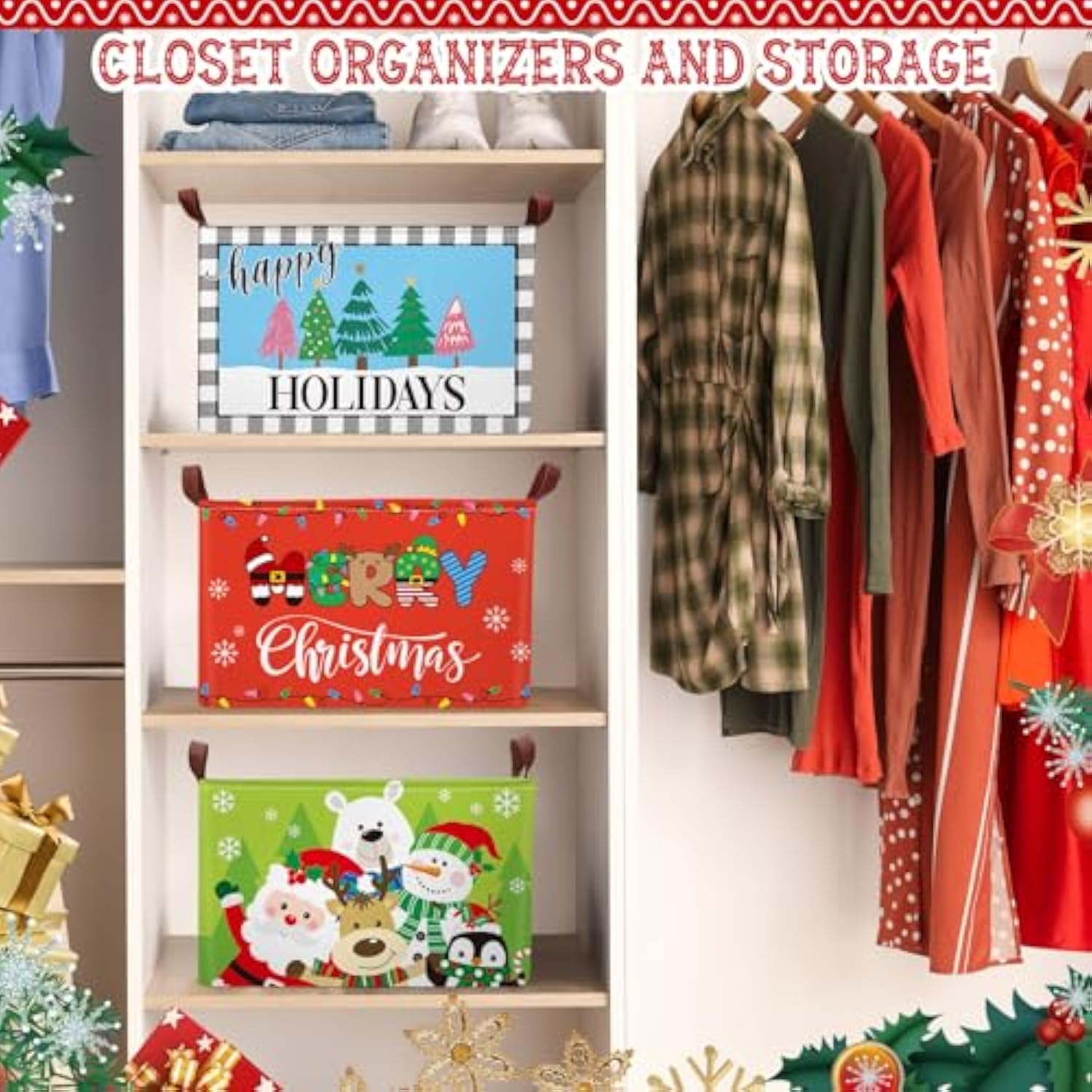 3 Pack Christmas Storage Bin Collapsible Large Christmas Storage Baskets For Gifts Empty Canvas Laundry Basket Foldable Box With Handle For Office Home Bedroom Clothes Shelf Candy Holiday Decor