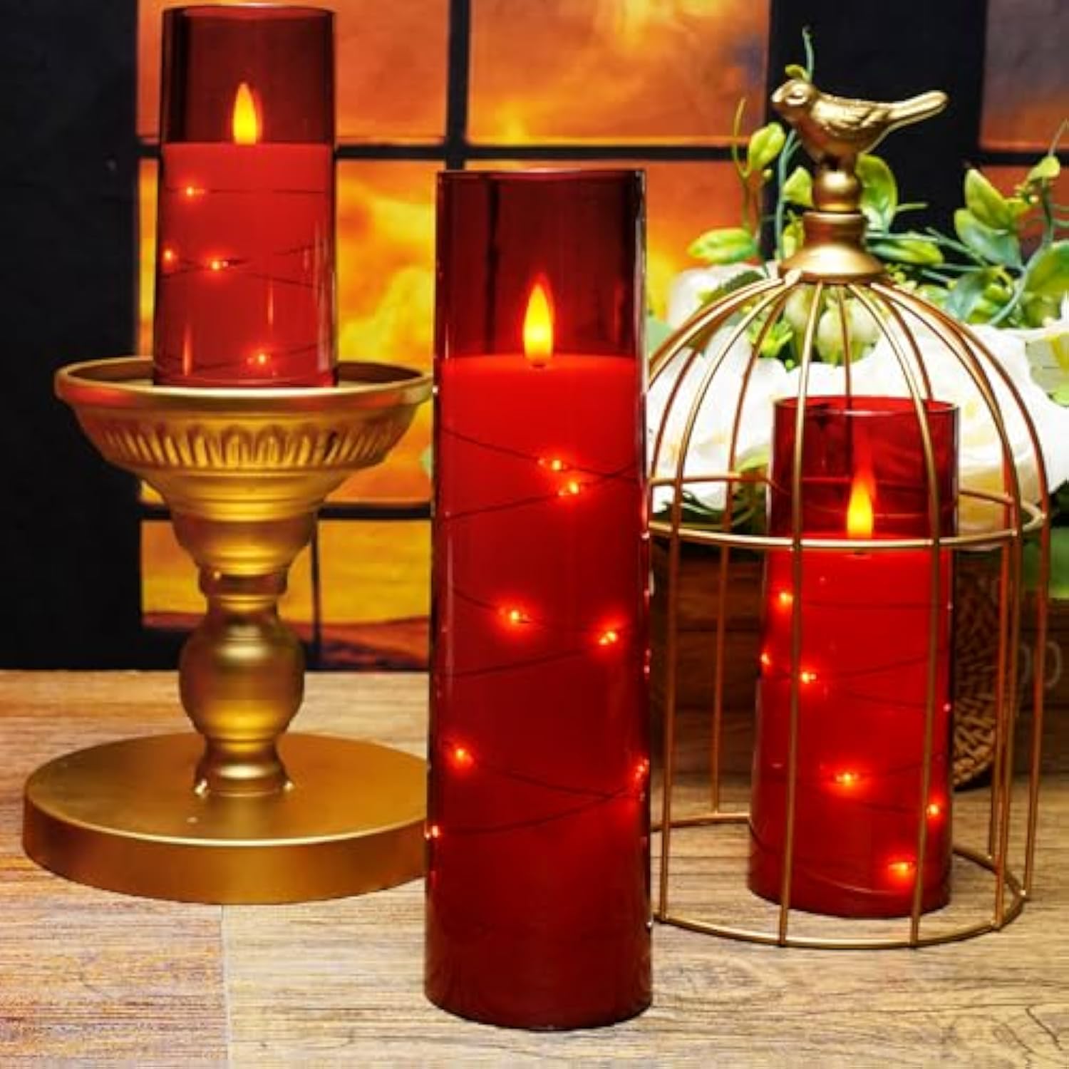 Flameless Led Candles With Timer 5 Pc Flickering Flameless Candles For Romantic Ambiance And Home Decoration Stable Acrylic Shell,With Embedded Star String?Battery Operated Candles?Red?