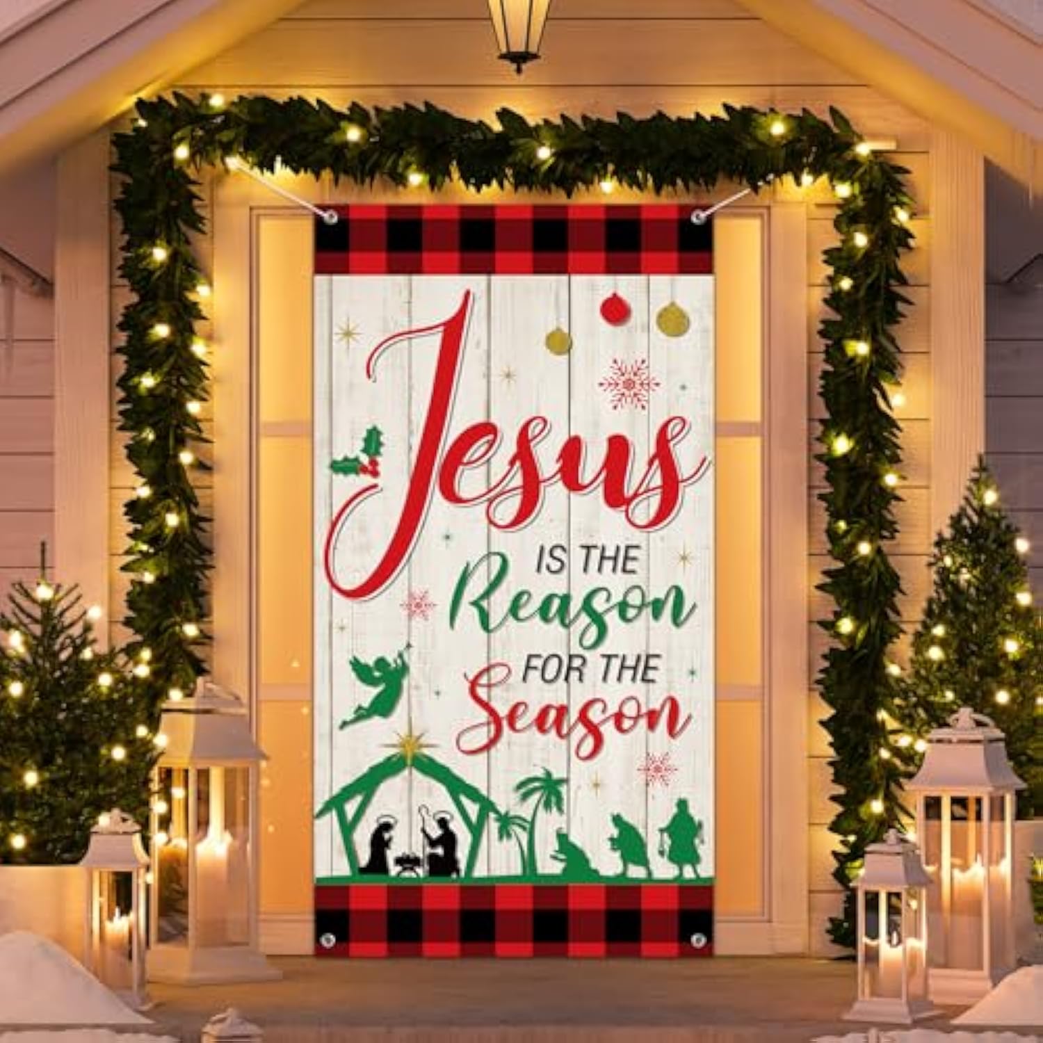Christmas Jesus Religious Door Cover Xmas Holy Night Door Backdrop Jesus Is The Reason For The Season Decoration For Christmas Party Hanging Decor, 70.8 X 35.5 Inches (Classic)