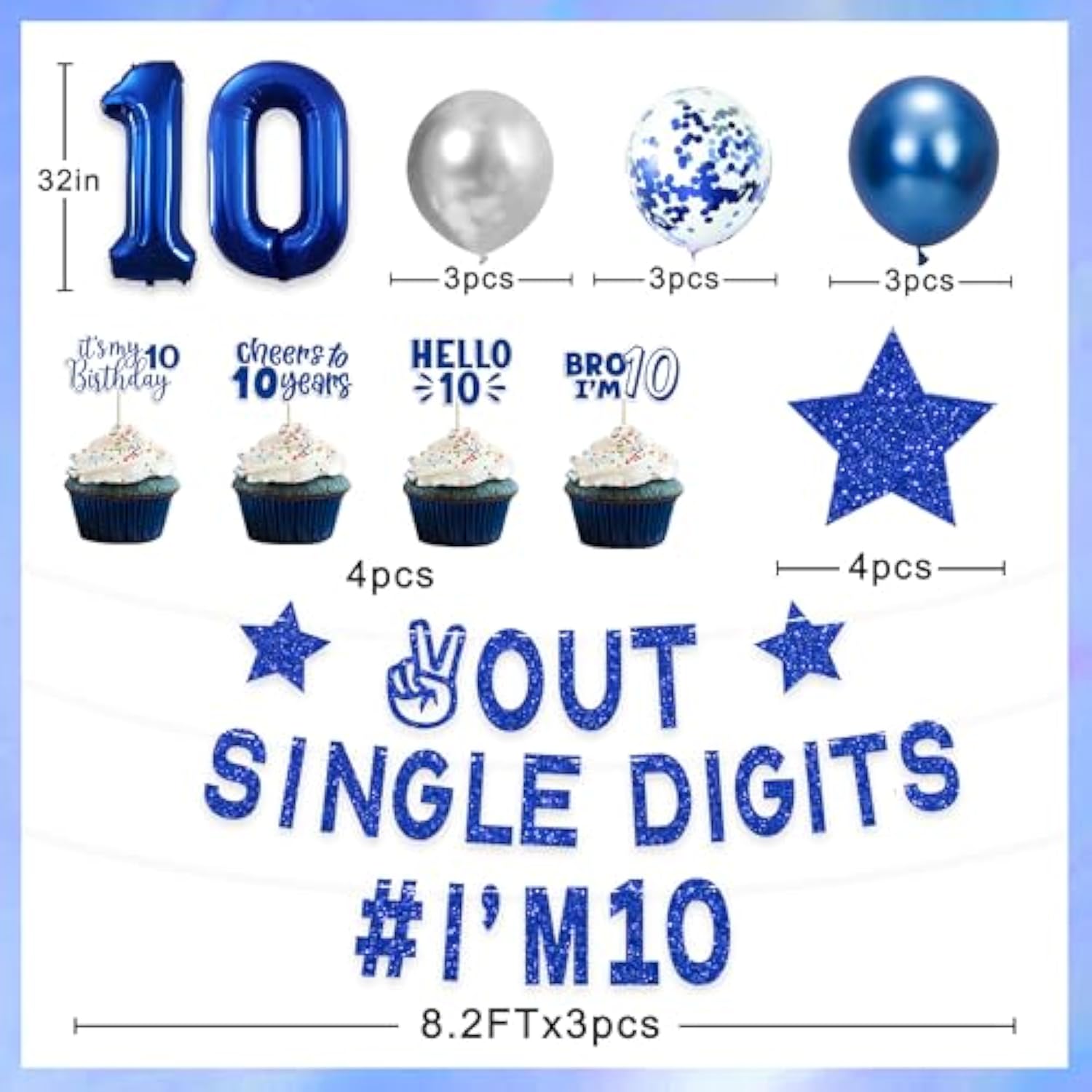 Blue 10Th Birthday Decorations Boys, Out Single Digits I'M 10 Banner, Happy 10Th Birthday Decorations For Boys, Double Digits Party Supplies Cake Topper Number 10 Balloon 10 Party Supply