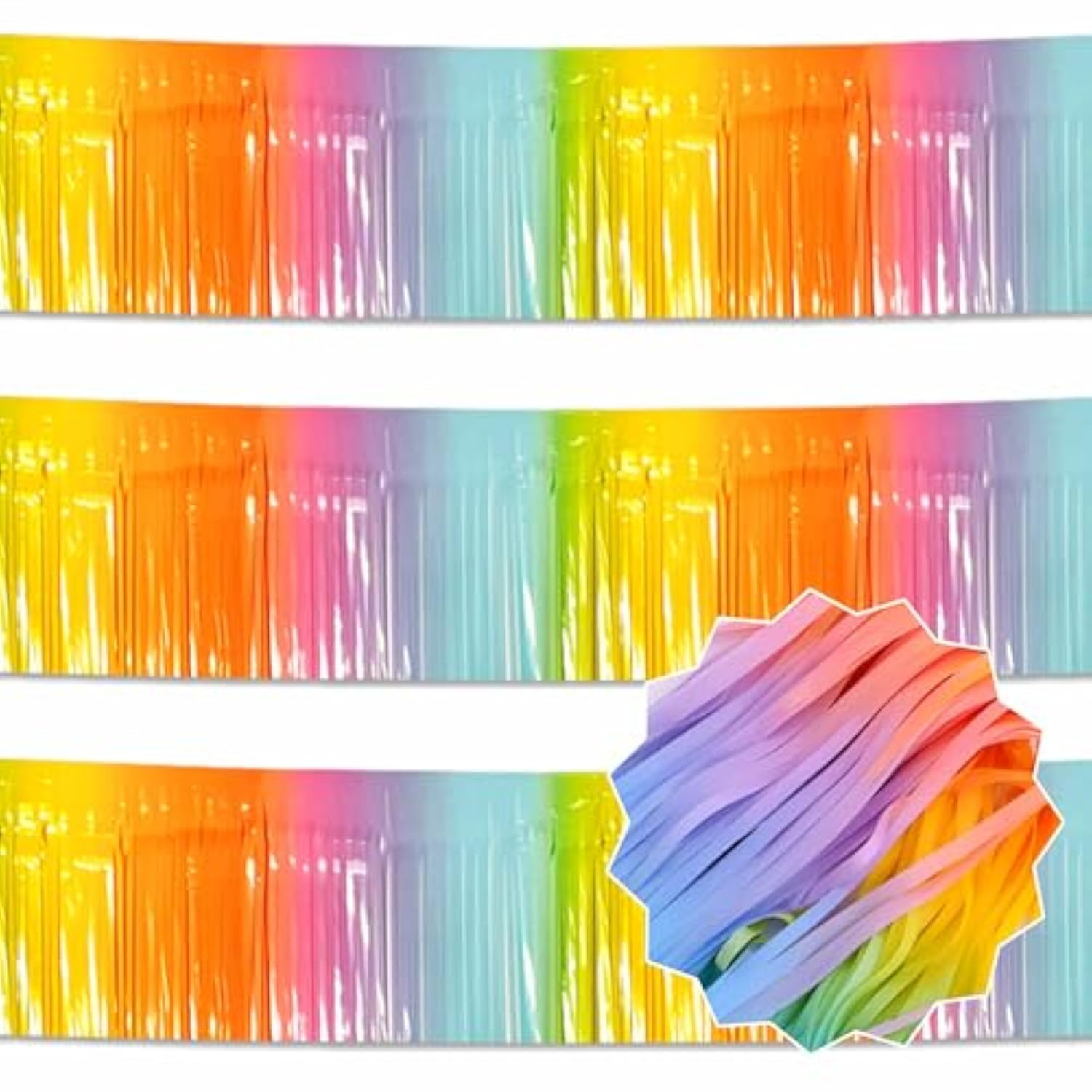 3 Pack 10 Ft Light Rainbow Foil Fringe Garland Metallic Streamers Tinsel Banner Wall Hanging Garland Backdrop For Parade Floats, Halloween, Christmas, Thanksgiving, New Year Party Decorations