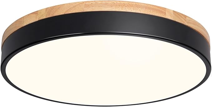 15.8 Inch Modern Wood LED Ceiling Light Black 5CCT Dimmable Flush Mount Fixture