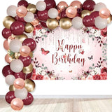 Burgundy Floral Happy Birthday Decorations Women Girls Party Supplies Including Flower Birthday Backdrop 5X3Ft,50 Pcs Burgundy Rose Gold Balloons Garland Arch Kit