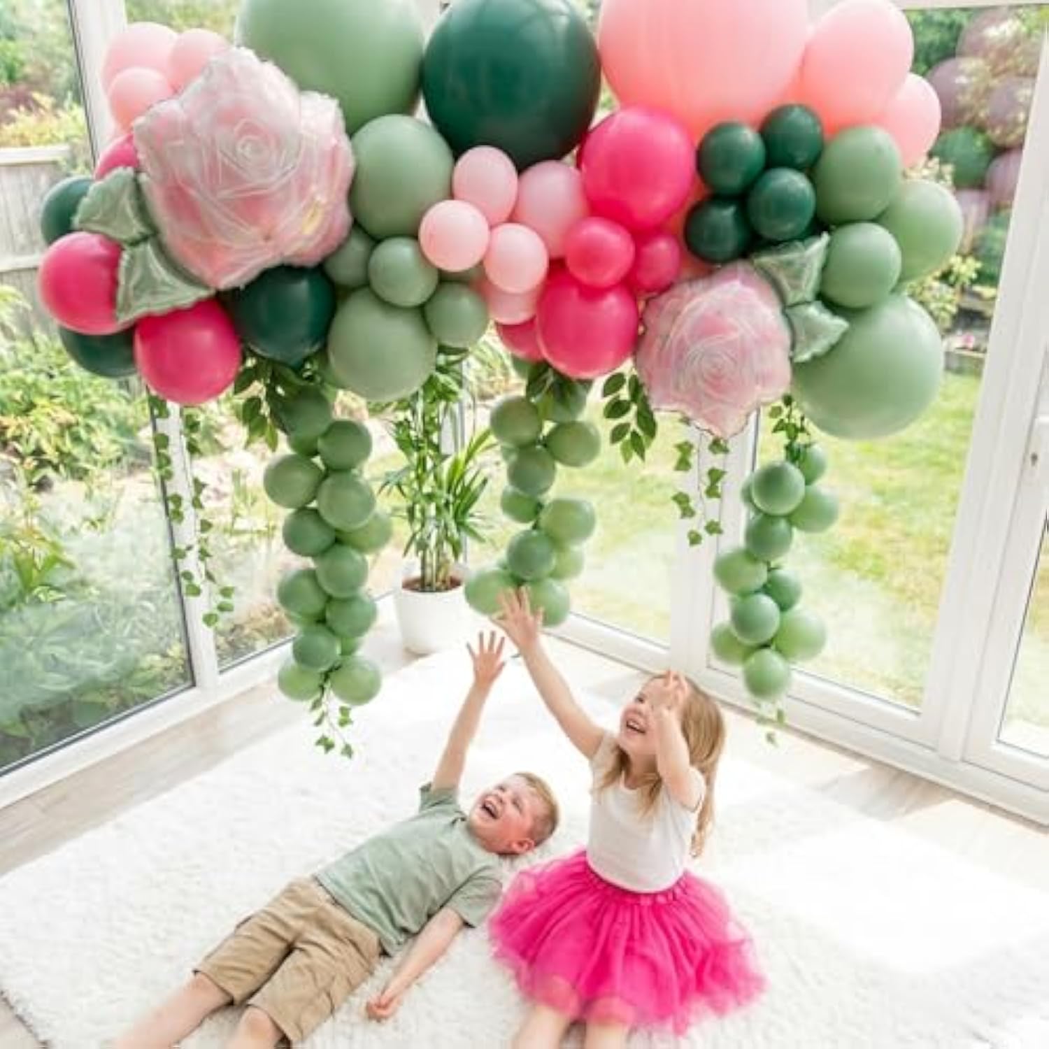 Spring Flower Balloon Garland Kit With Sage Green Hot Pink & Blush Pink Balloons With Flower Foil Balloons For Baby In Bloom Decorations Butterfly Birthday Floral Garden Tea Party Decorations