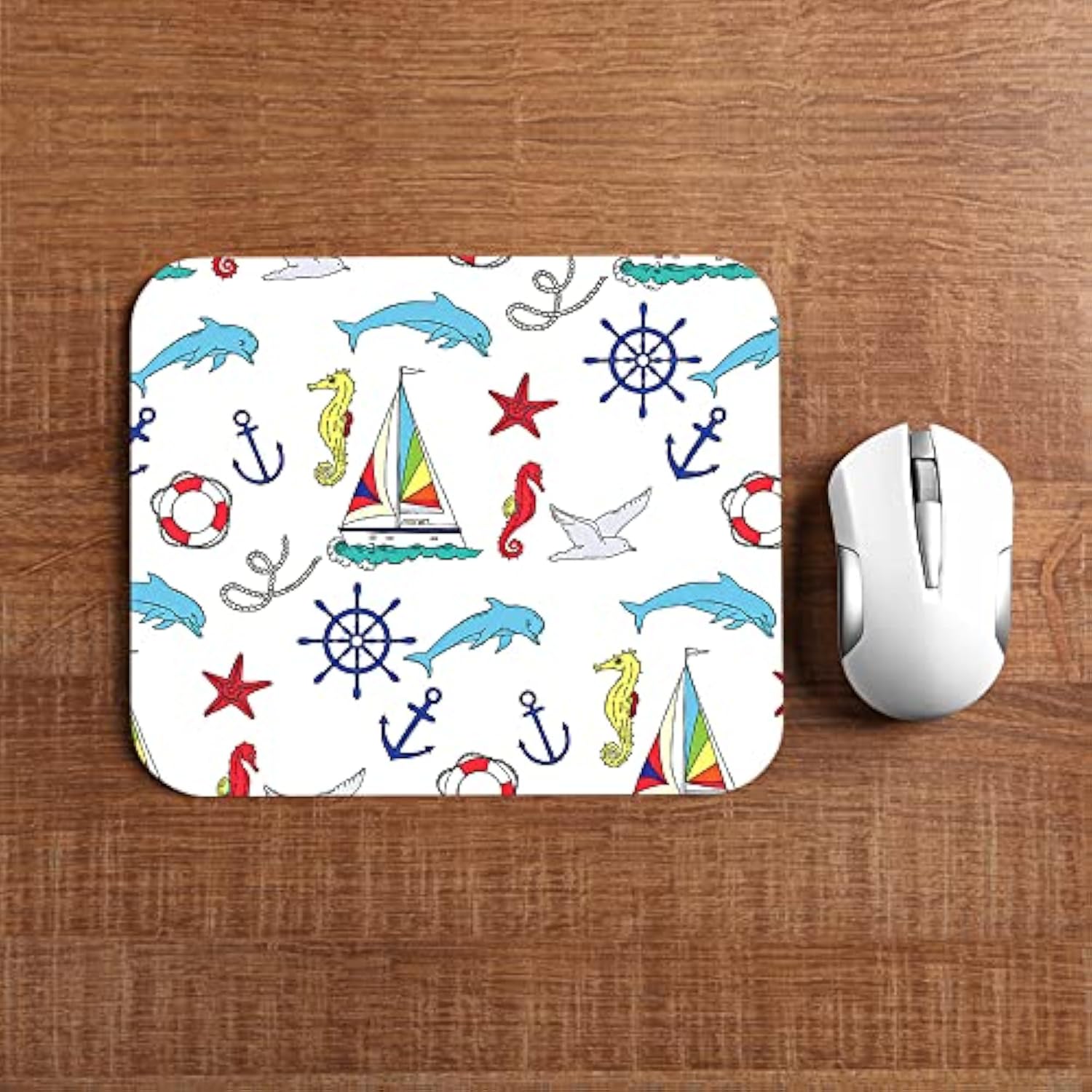 Nautical Pattern Mouse Pad Non-Slip Natural Rubber Base, 9.5X7.9 Inch Cute Ships And Seahorse Boats Dolphin Computer Mousepad Mouse Pads For Computers, Laptop, Gaming, Office & Home