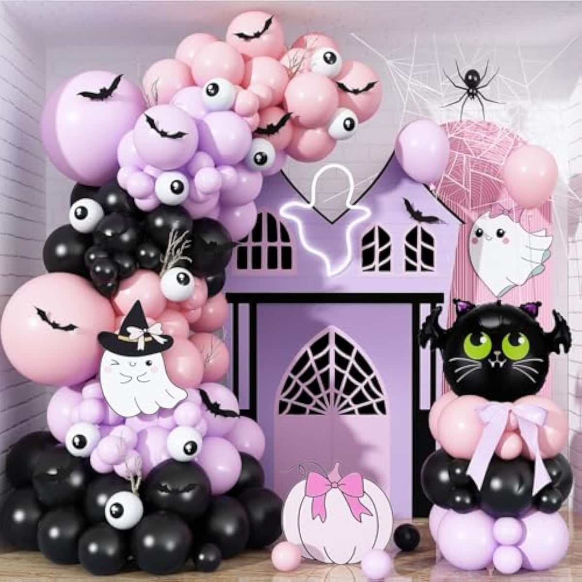 Halloween Balloon Garland Kit: Pastel Pink, Purple, Black & Eyeball Bats