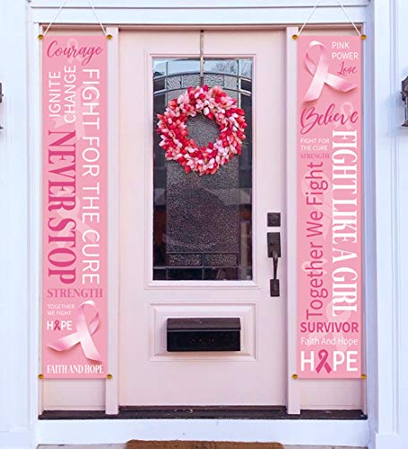 Breast Cancer Awareness Banner Decorations - Pink Ribbon Porch Sign Outdoor Indoor Party Supplies Ornaments