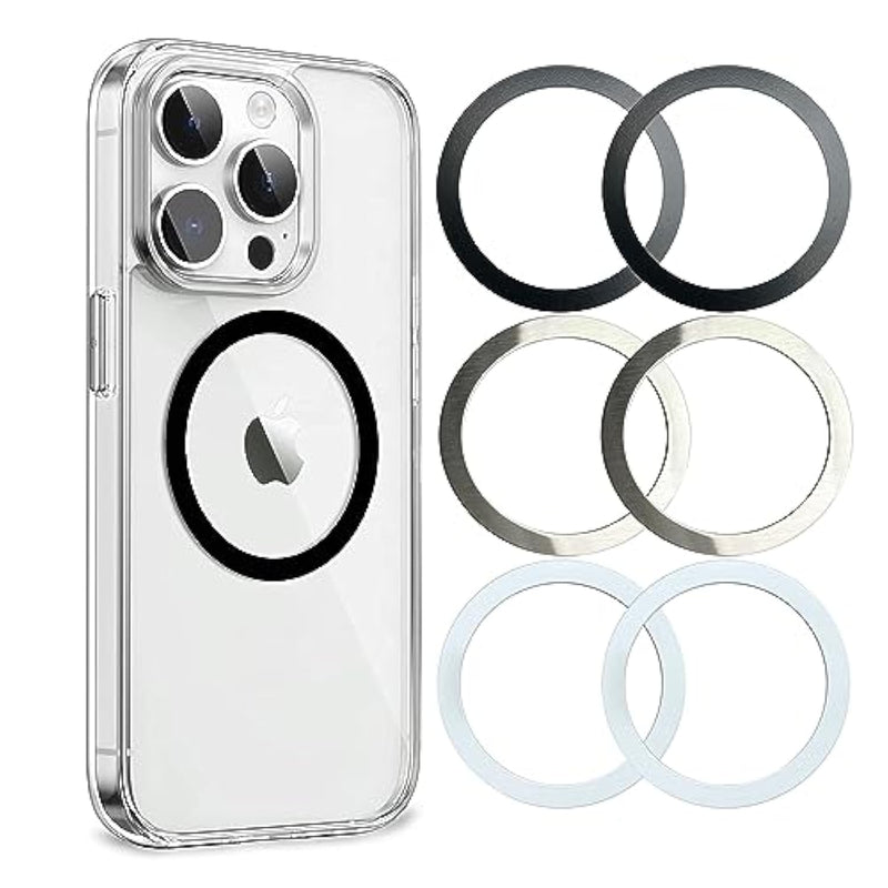 Universal Metal Rings Compatible With Magsafe Sticker,Magnetic Ring For Phone Cases & Wireless Charging, 6 Pack (2 Black,2 White & 2 Silver)