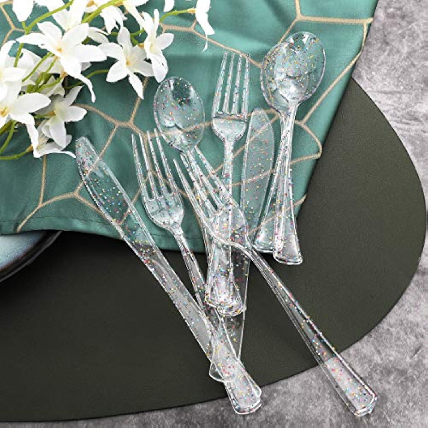 360Pcs Clear Plastic Silverware, Glitter Disposable Cutlery With Colorful Design,120 Forks,120 Knives,120 Spoons,Perfect For Parties Birthday
