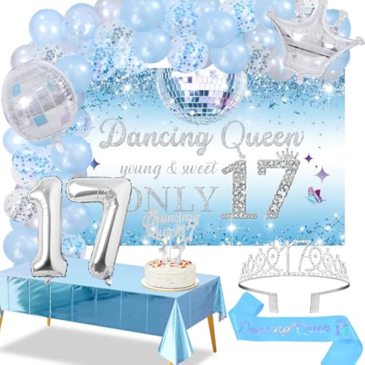 17th Birthday Dancing Queen Party Decoration Set: Blue & Silver