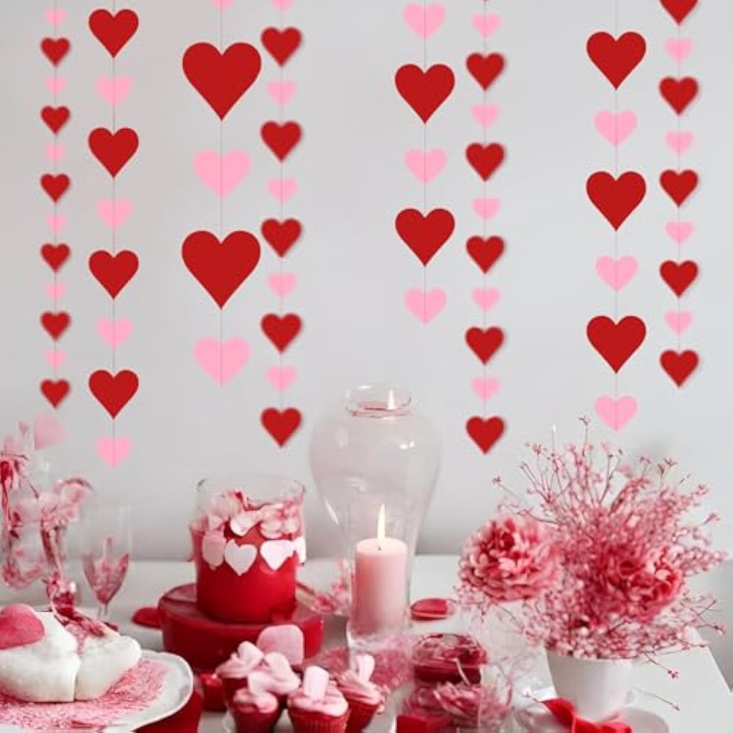 4 Pack Heart Garland For Paper Hearts Streamers Hanging Hearts Decorations For Valentines Galentines Birthday Bridal Shower Wedding Engagement Anniversary Decor (Red & Pink)