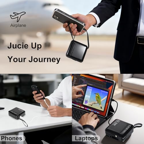 Portable Charger with Wall Plug 15000mAh Power Bank 22.5W Fast Charging Built-in Cables, 3-in-1 Compact USB-C Battery Pack Travel Essentials for