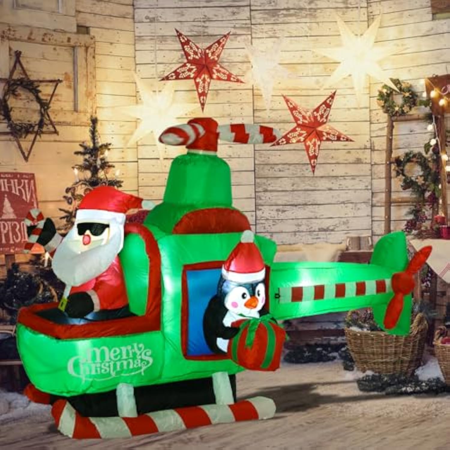 6.5Ft Christmas Inflatable Helicopter Santa Claus Yard Decoration With Rotating Propeller, Built-In Led Lights, Blow Up