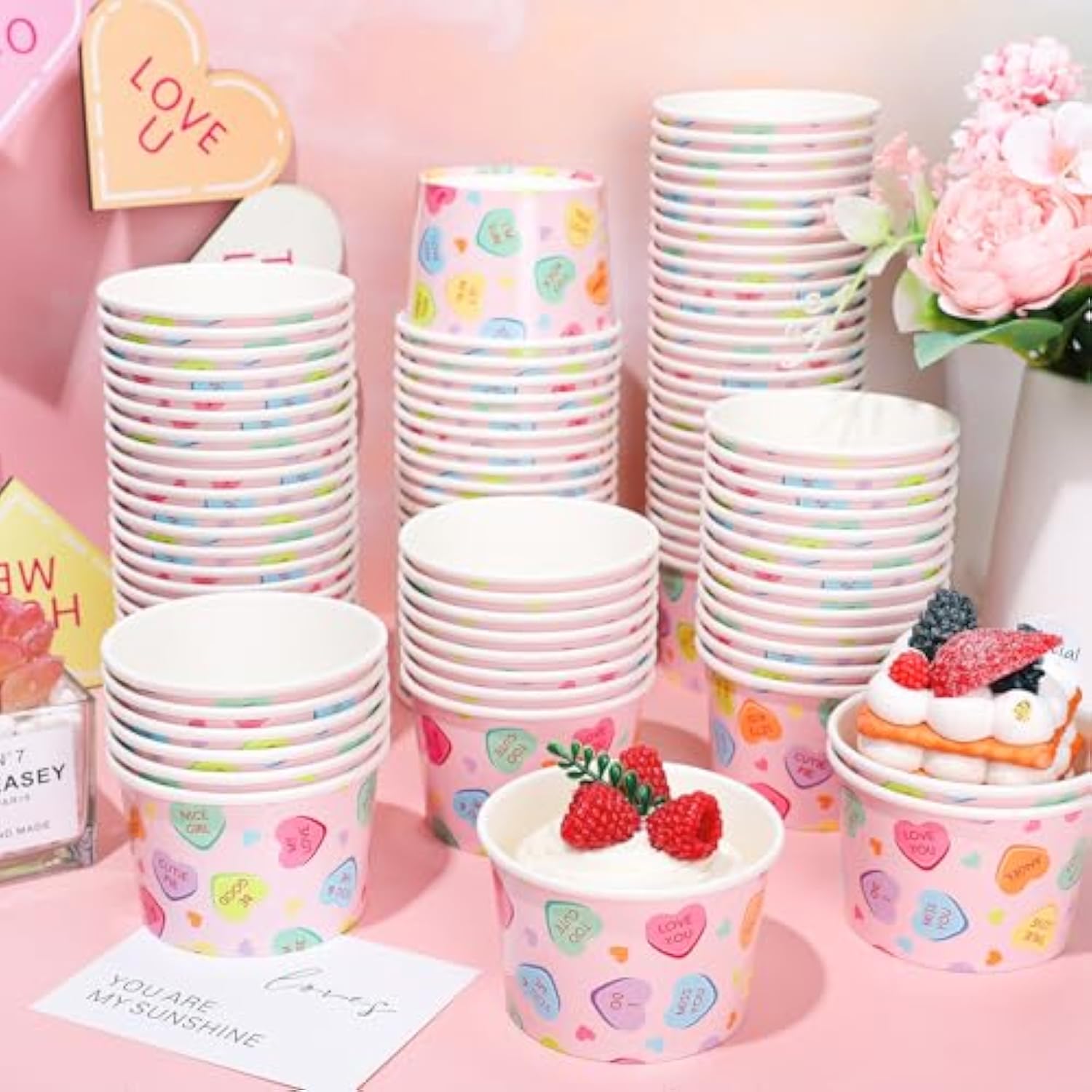 100Pcs Valentine'S Day Treat Snack Cups 9 Oz Pastel Pink Conversation Heart Ice Cream Cups Disposable Dessert Bowls For Wedding Bridal Shower Birthday