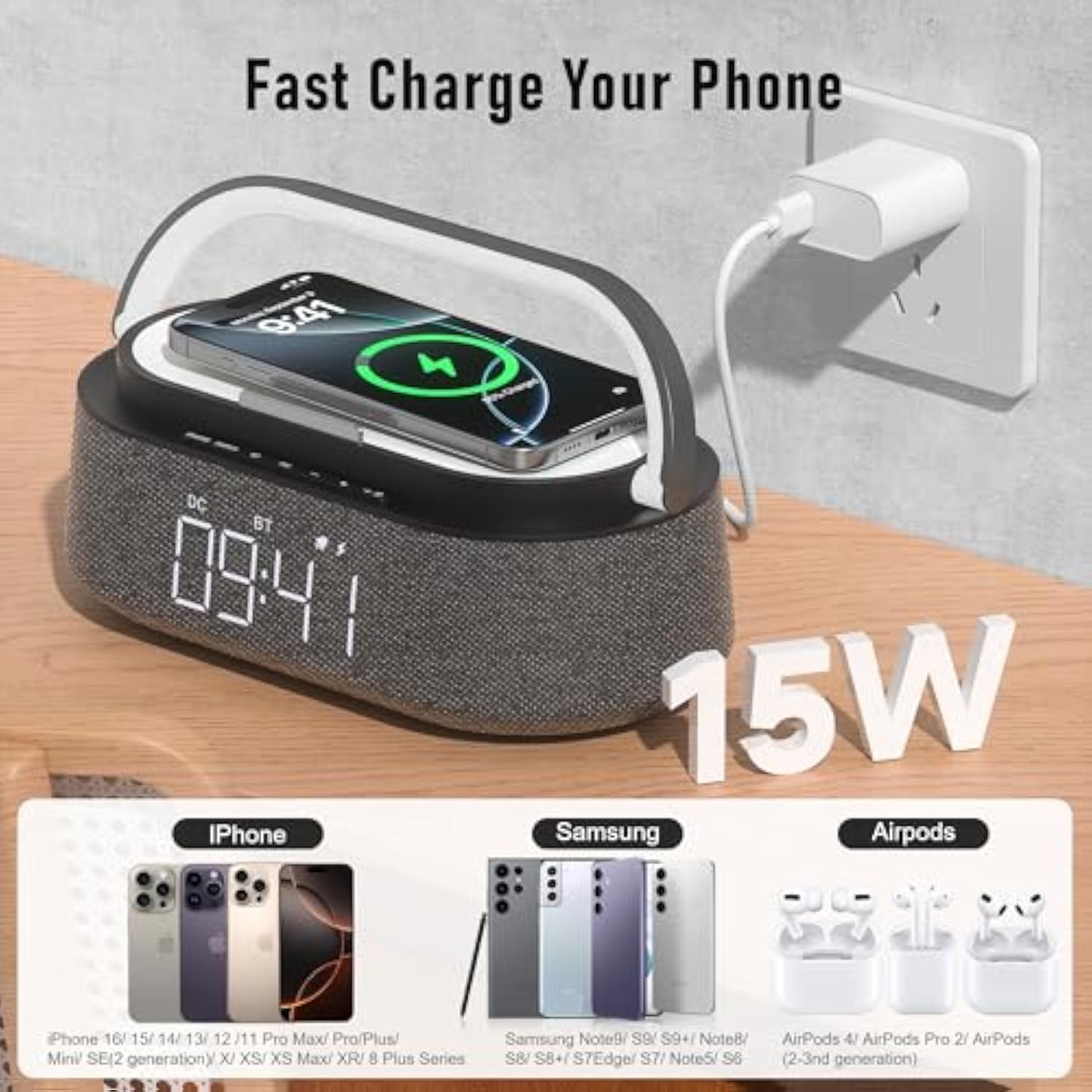 Bluetooth Speaker With Wireless Charger, 6 In 1 Bedroom Portable Speakers With Fm Radio, Adjustable Led Night Light, Dual Wireless Charger, Phone Stand For Bedside, Home, Office, Gift