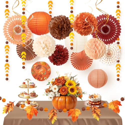 Fall Thanksgiving Decor with Pom Poms Lanterns Fans Garlands