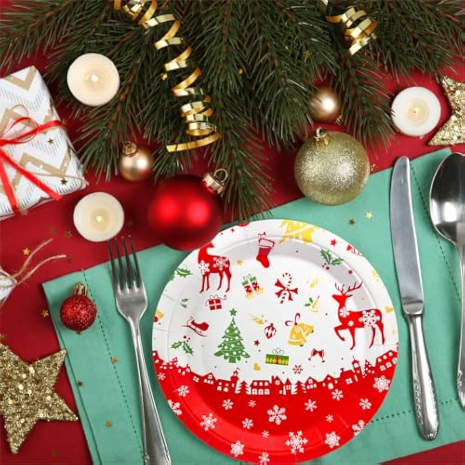 Christmas Paper Plates, 40Pcs Party Paper Plate Set Disposable Christma Party Food Dinner Dessert Plates Tableware Decorations Favors, Including 20Pcs 9" And 20Pcs 7" For Christmas Plate