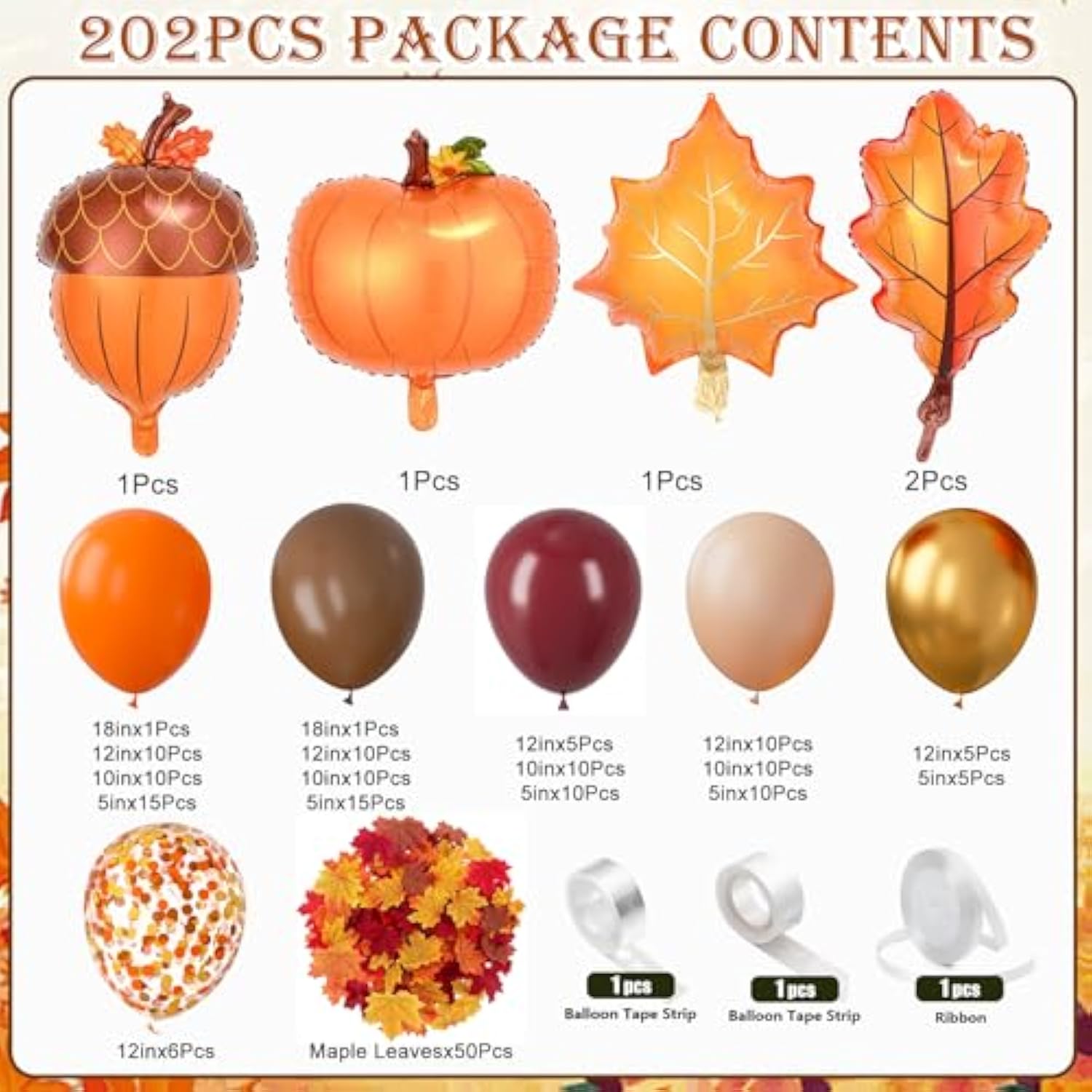 202PCS Fall Balloon Arch Kit with Orange Brown Burgundy Balloons for Thanksgiving