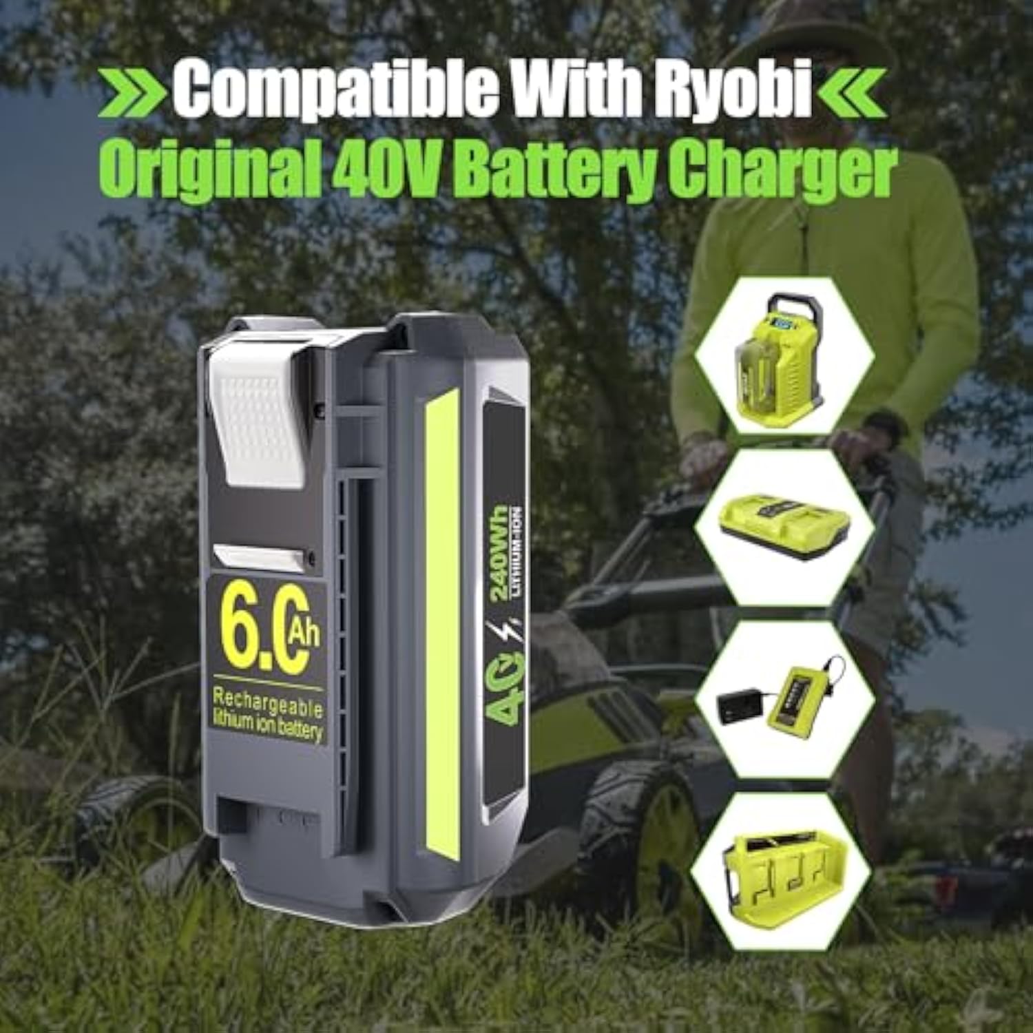 Upgraded 6.0Ah Op4040 Replacement For Ryobi 40V Battery Op4026 Op4050 Op40201 Op40261 1 Op40401, High Capacity Compatible With 40 Volt Ryobi Lithium Battery Chargers And Cordless Power Tools
