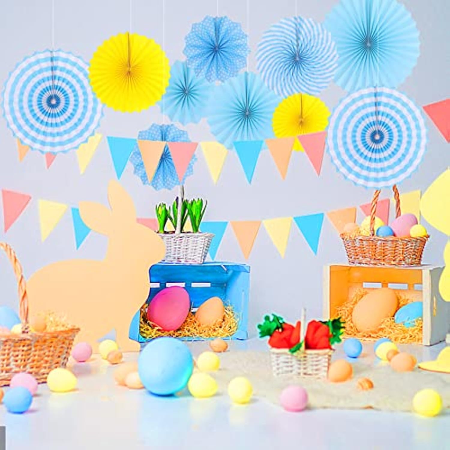 12Pcs Party Hanging Paper Fans Set, Fiesta Round Pattern Paper Garlands Decoration Party Supplies For New Year Baby Shower Birthday Wedding Graduation Events Accessories(Sky Blue)