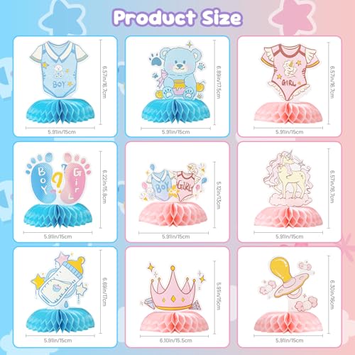 Gender Reveal Honeycomb Centerpieces Set – 9 PCS Baby Shower Table Decorations with Unicorn, Bear, Bottle, Pacifier & Crown Designs, Includes Clear Storage Box – Boy or Girl Party Supplies