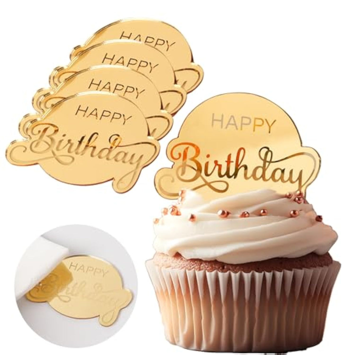 20 Pcs Mirror Acrylic Cupcake Toppers Gold Happy Birthday Cake Topper Engraved Cake Picks Cupcake Disc For Princess Theme Baby Shower Party Supplies