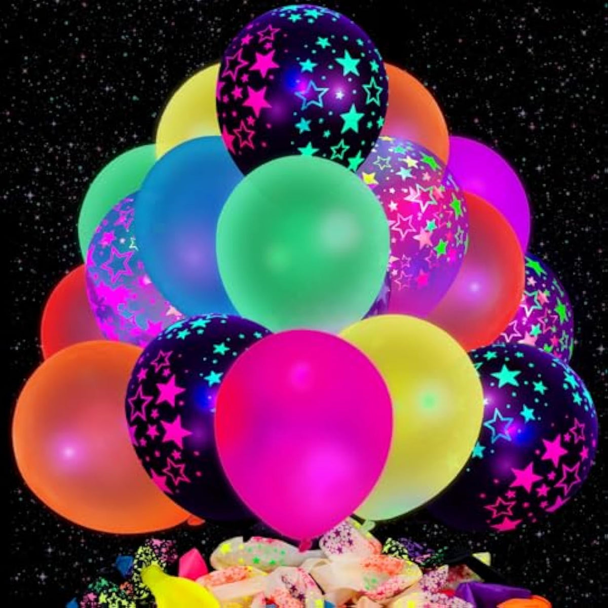 66Pcs UV Neon Balloons, Fluorescent 12" Latex Balloons with Stars for Glow Party