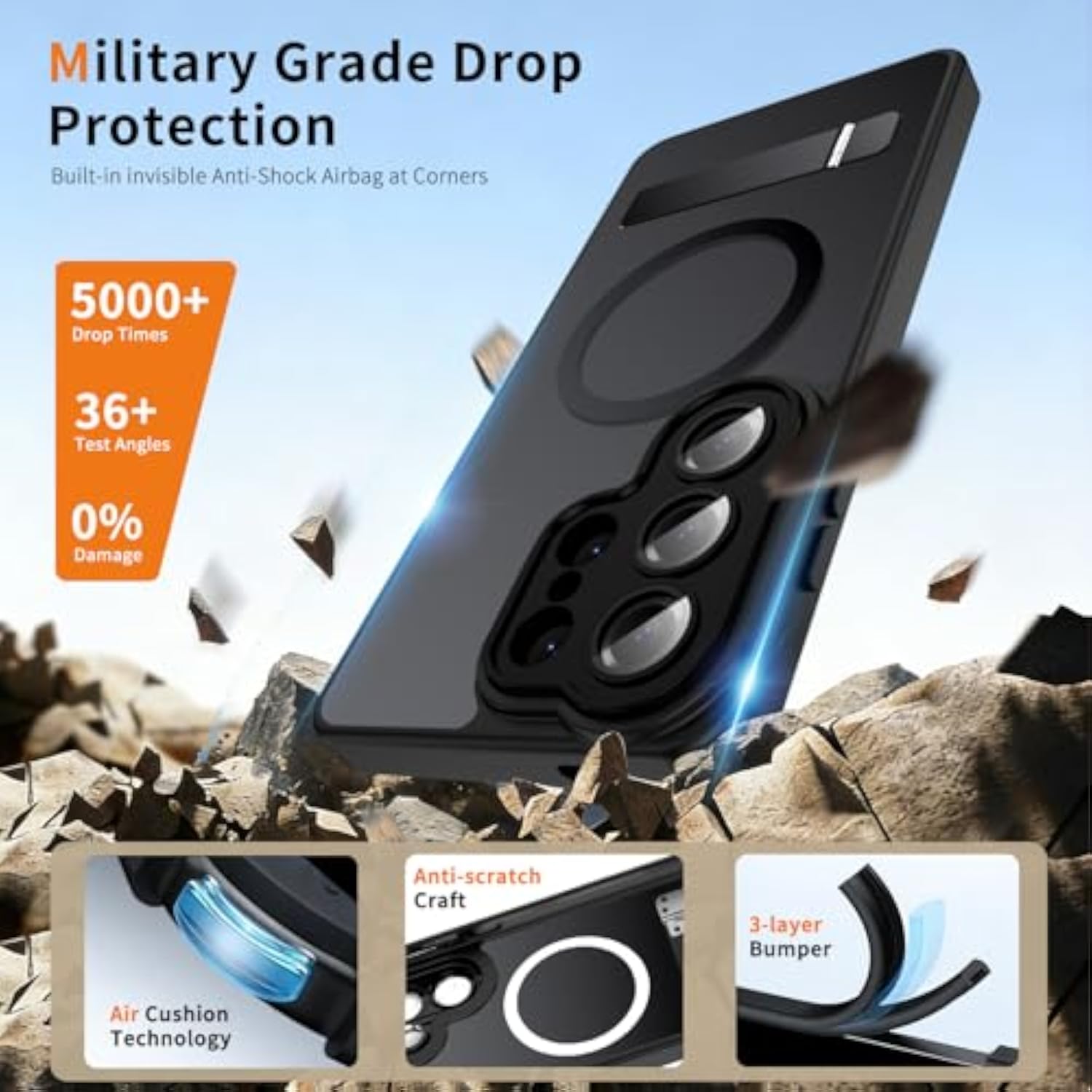 Magnetic Case for Samsung Galaxy S26 Ultra with Stand and Screen Protector & Camera Protector, Compatible with MagSafe, Matte Translucent Shockproof Slim Phone Case - Black