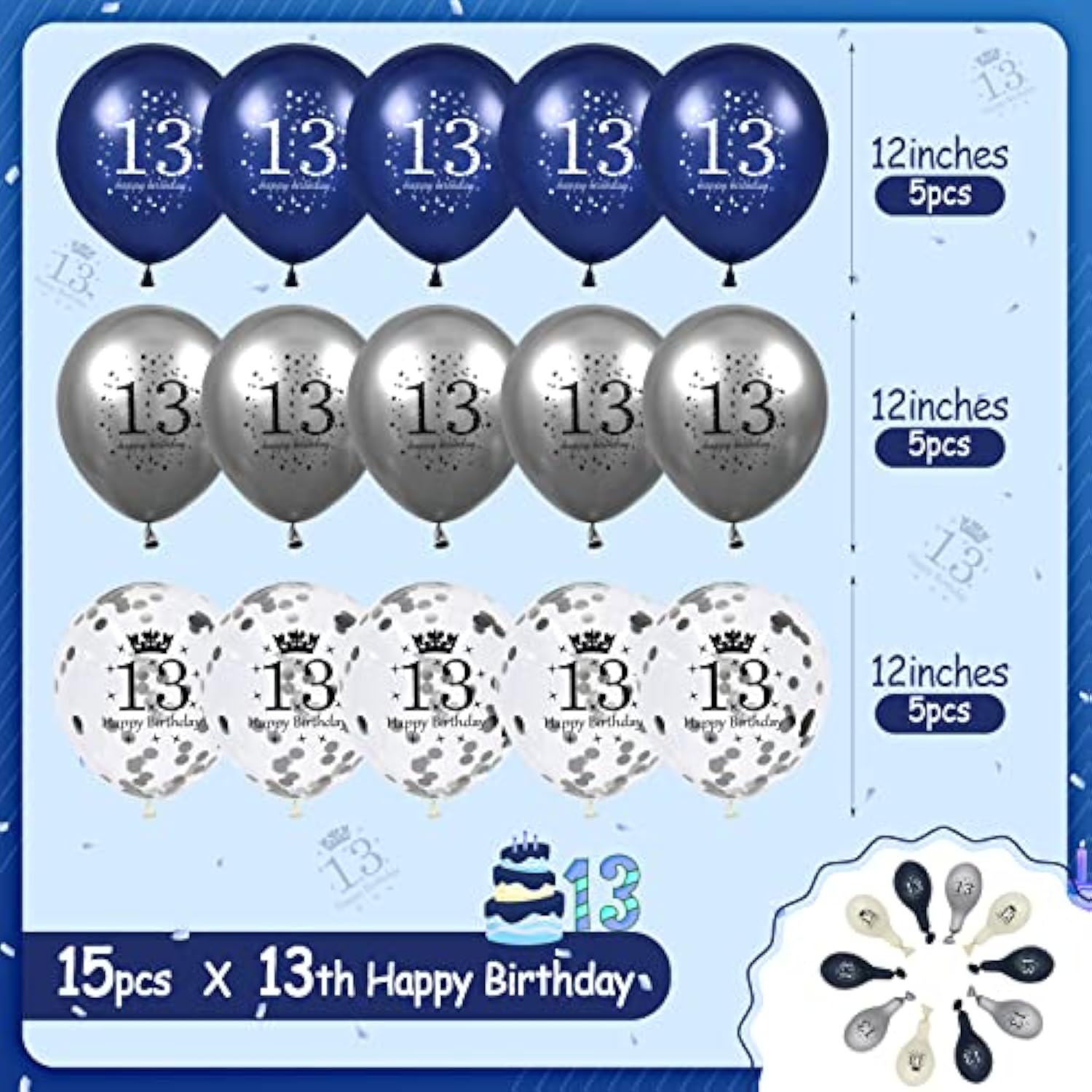15Pcs Navy Blue Silver 13Th Birthday Balloons For Boys & Girls, Happy 13Th Birthday Party Decorations, 12 Inches