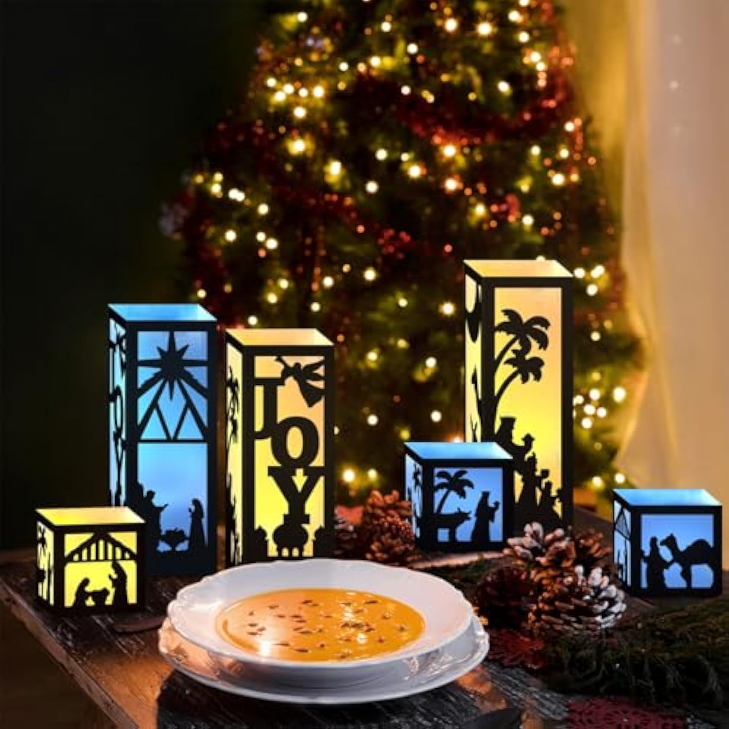 6Pcs Nativity Christmas Luminary Boxes With 6 Lameless Led Candles, Jesus Christmas Luminary Candle Boxes For Religious Christmas Jesus Birthday Xmas Party Decor Paper Lanterns Boxes With Lights